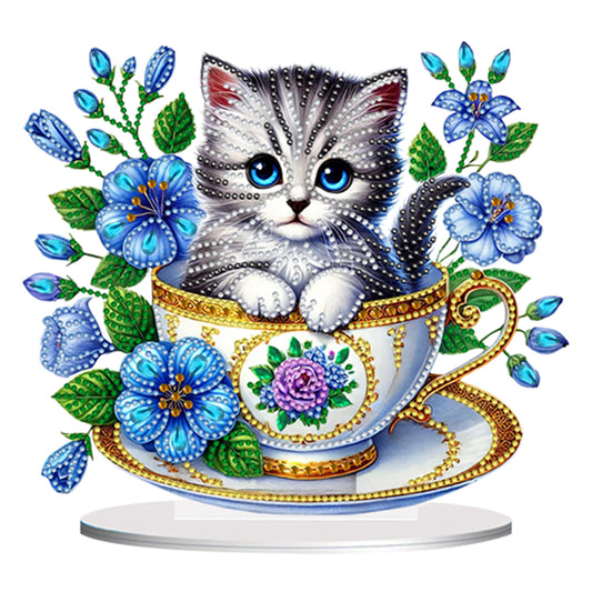 2D Flat Print Teacup Cat DIY Desktop Diamond Art Kits Bedroom Table Decoration