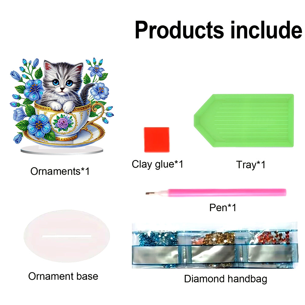2D Flat Print Teacup Cat DIY Desktop Diamond Art Kits Bedroom Table Decoration