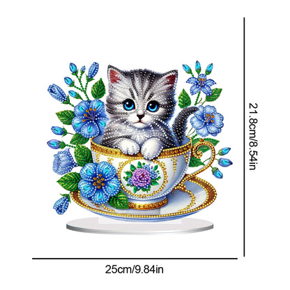 2D Flat Print Teacup Cat DIY Desktop Diamond Art Kits Bedroom Table Decoration