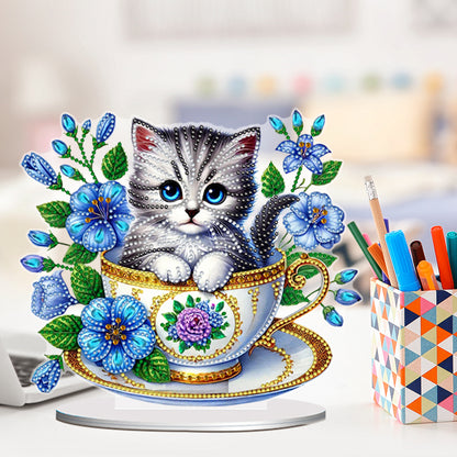 2D Flat Print Teacup Cat DIY Desktop Diamond Art Kits Bedroom Table Decoration