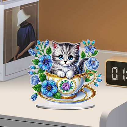 2D Flat Print Teacup Cat DIY Desktop Diamond Art Kits Bedroom Table Decoration