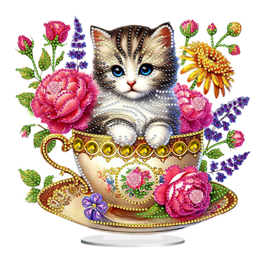 2D Flat Print Teacup Cat DIY Desktop Diamond Art Kits Bedroom Table Decoration