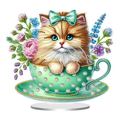 2D Flat Print Teacup Cat DIY Desktop Diamond Art Kits Bedroom Table Decoration