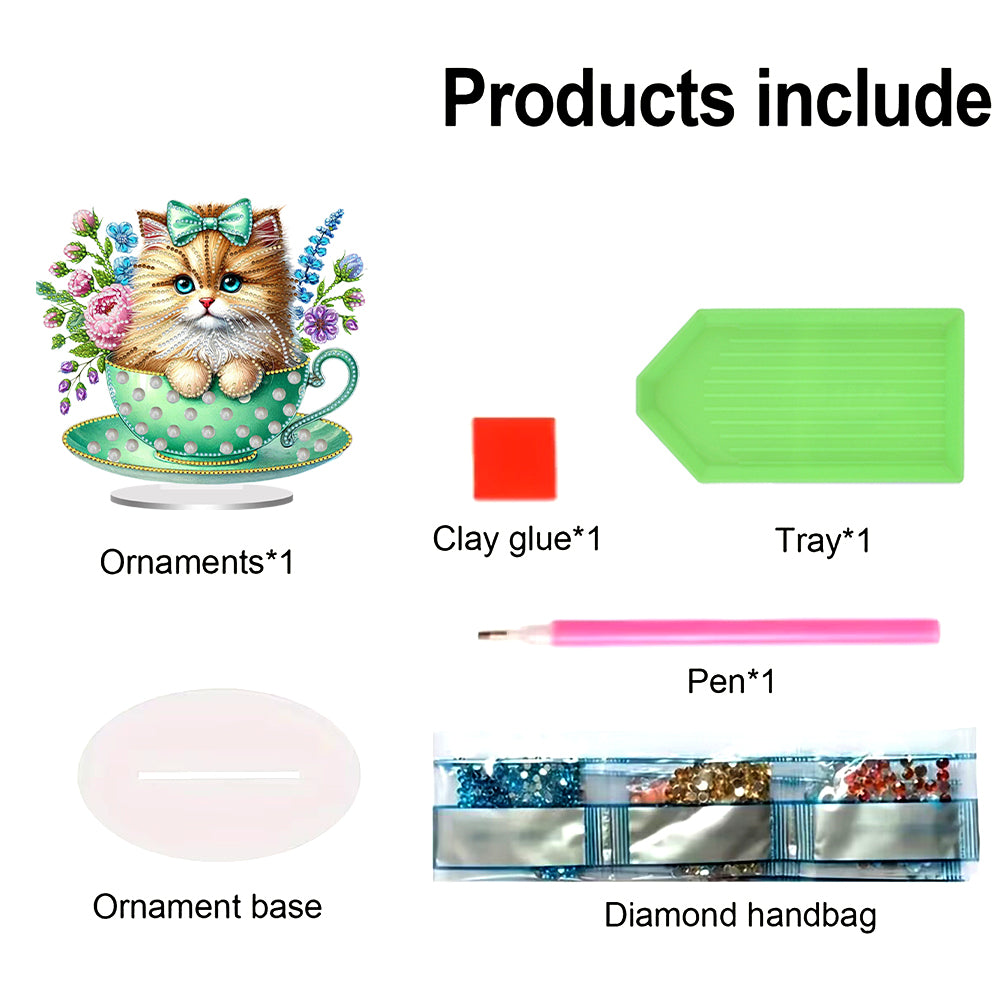 2D Flat Print Teacup Cat DIY Desktop Diamond Art Kits Bedroom Table Decoration