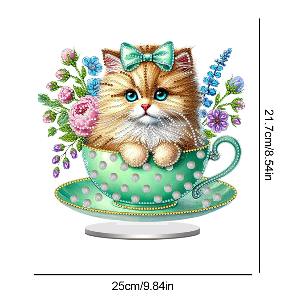 2D Flat Print Teacup Cat DIY Desktop Diamond Art Kits Bedroom Table Decoration