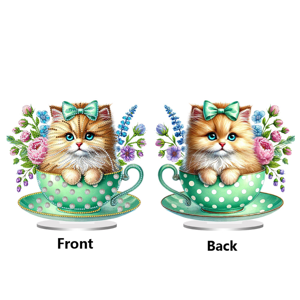 2D Flat Print Teacup Cat DIY Desktop Diamond Art Kits Bedroom Table Decoration