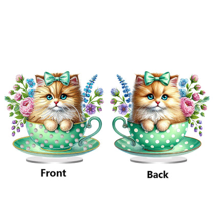 2D Flat Print Teacup Cat DIY Desktop Diamond Art Kits Bedroom Table Decoration