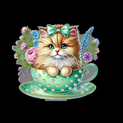 2D Flat Print Teacup Cat DIY Desktop Diamond Art Kits Bedroom Table Decoration