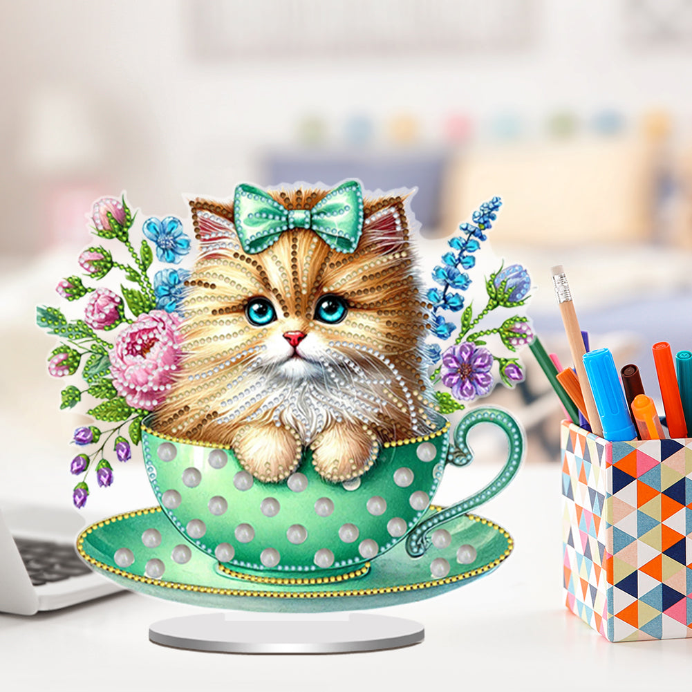 2D Flat Print Teacup Cat DIY Desktop Diamond Art Kits Bedroom Table Decoration