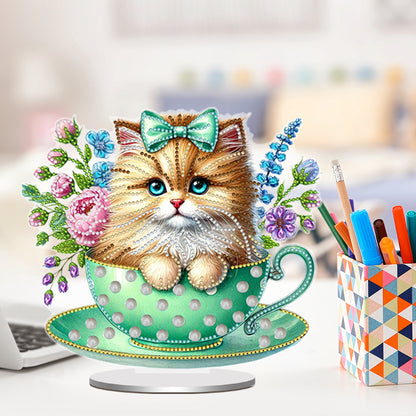 2D Flat Print Teacup Cat DIY Desktop Diamond Art Kits Bedroom Table Decoration