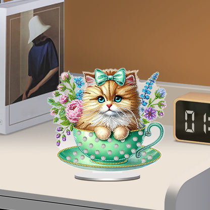 2D Flat Print Teacup Cat DIY Desktop Diamond Art Kits Bedroom Table Decoration
