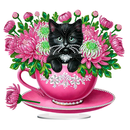 2D Flat Print Teacup Cat DIY Desktop Diamond Art Kits Bedroom Table Decoration