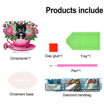 2D Flat Print Teacup Cat DIY Desktop Diamond Art Kits Bedroom Table Decoration