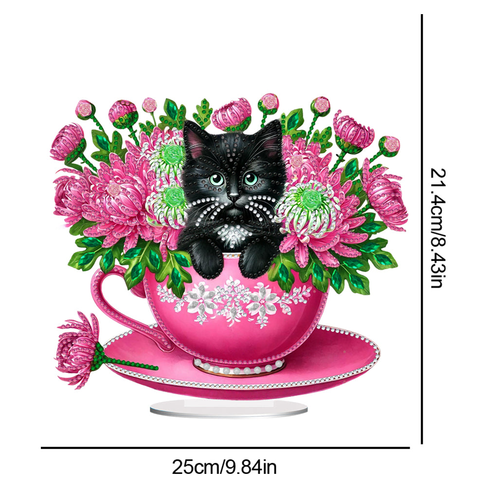 2D Flat Print Teacup Cat DIY Desktop Diamond Art Kits Bedroom Table Decoration