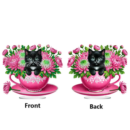 2D Flat Print Teacup Cat DIY Desktop Diamond Art Kits Bedroom Table Decoration