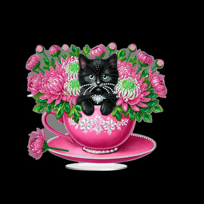 2D Flat Print Teacup Cat DIY Desktop Diamond Art Kits Bedroom Table Decoration