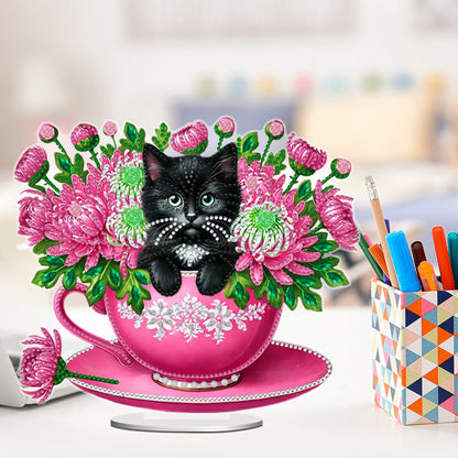 2D Flat Print Teacup Cat DIY Desktop Diamond Art Kits Bedroom Table Decoration