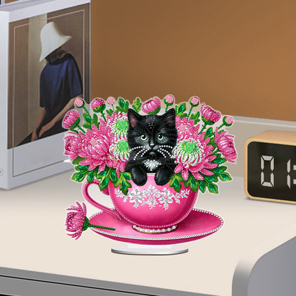 2D Flat Print Teacup Cat DIY Desktop Diamond Art Kits Bedroom Table Decoration