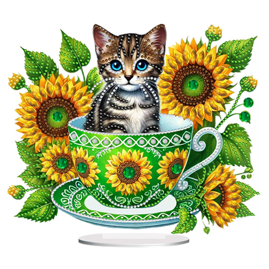2D Flat Print Teacup Cat DIY Desktop Diamond Art Kits Bedroom Table Decoration