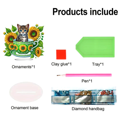 2D Flat Print Teacup Cat DIY Desktop Diamond Art Kits Bedroom Table Decoration