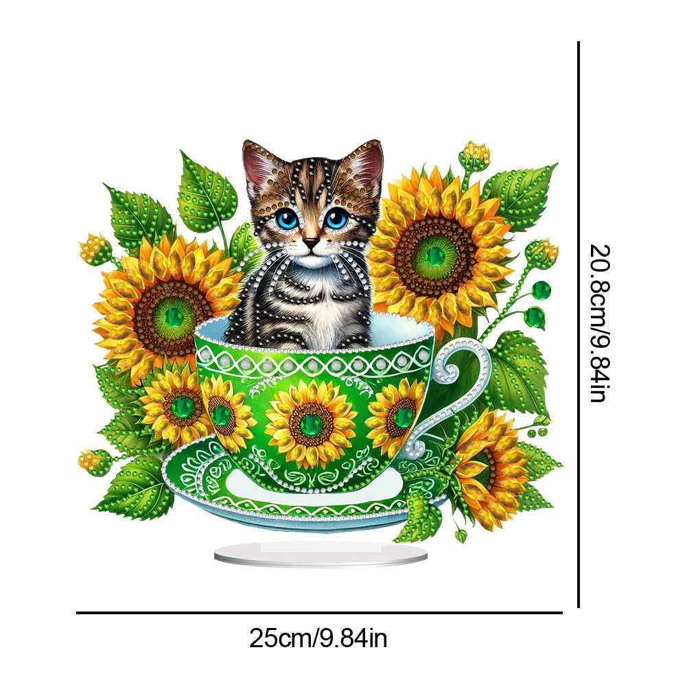 2D Flat Print Teacup Cat DIY Desktop Diamond Art Kits Bedroom Table Decoration