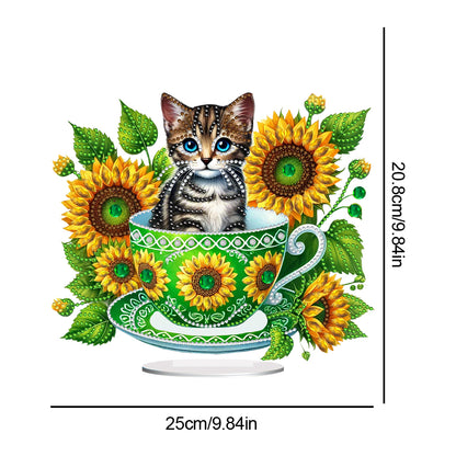 2D Flat Print Teacup Cat DIY Desktop Diamond Art Kits Bedroom Table Decoration