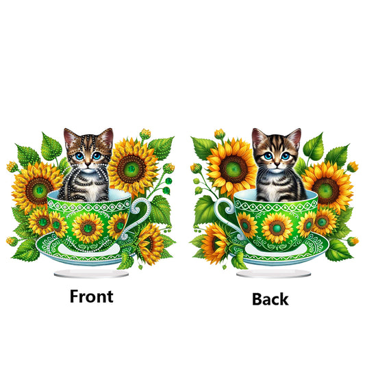 2D Flat Print Teacup Cat DIY Desktop Diamond Art Kits Bedroom Table Decoration