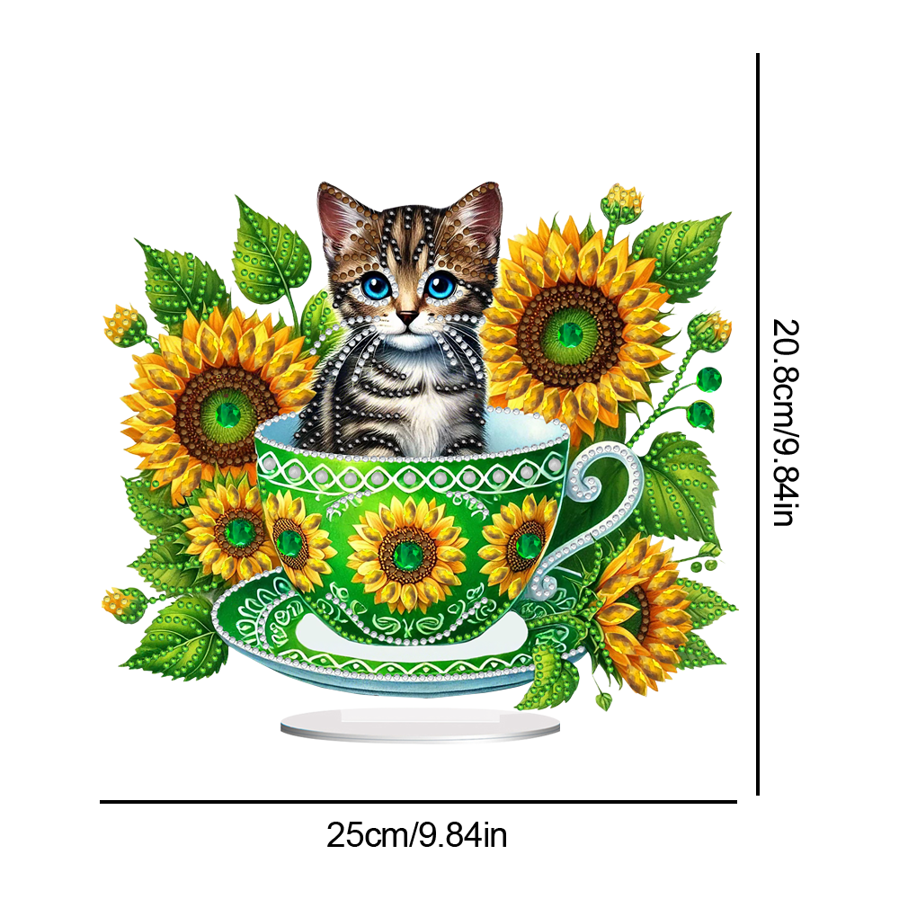 2D Flat Print Teacup Cat DIY Desktop Diamond Art Kits Bedroom Table Decoration