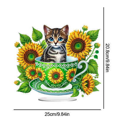 2D Flat Print Teacup Cat DIY Desktop Diamond Art Kits Bedroom Table Decoration