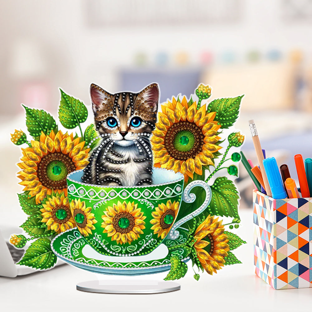 2D Flat Print Teacup Cat DIY Desktop Diamond Art Kits Bedroom Table Decoration