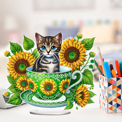 2D Flat Print Teacup Cat DIY Desktop Diamond Art Kits Bedroom Table Decoration