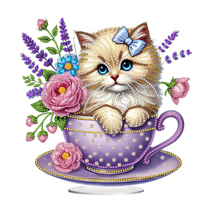 2D Flat Print Teacup Cat DIY Desktop Diamond Art Kits Bedroom Table Decoration