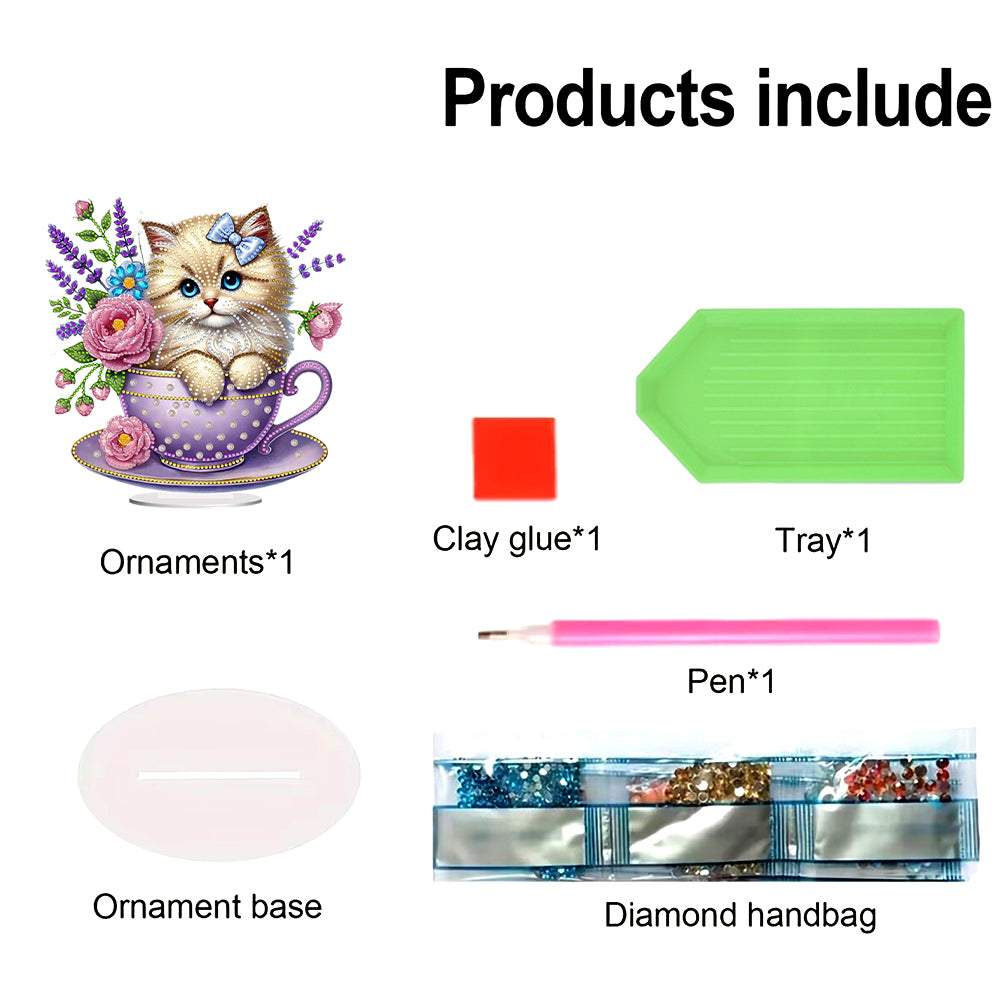 2D Flat Print Teacup Cat DIY Desktop Diamond Art Kits Bedroom Table Decoration