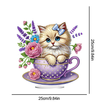 2D Flat Print Teacup Cat DIY Desktop Diamond Art Kits Bedroom Table Decoration