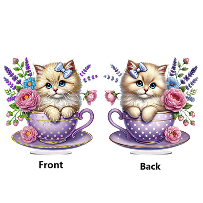 2D Flat Print Teacup Cat DIY Desktop Diamond Art Kits Bedroom Table Decoration