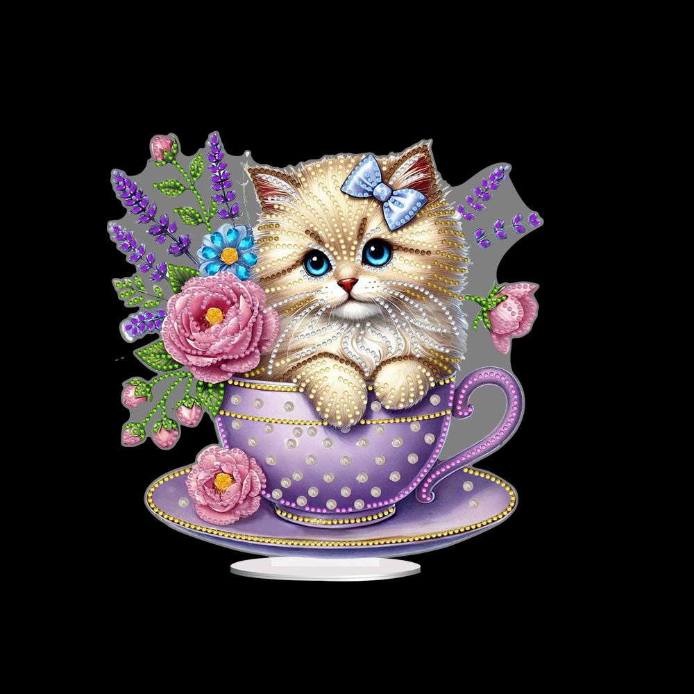 2D Flat Print Teacup Cat DIY Desktop Diamond Art Kits Bedroom Table Decoration