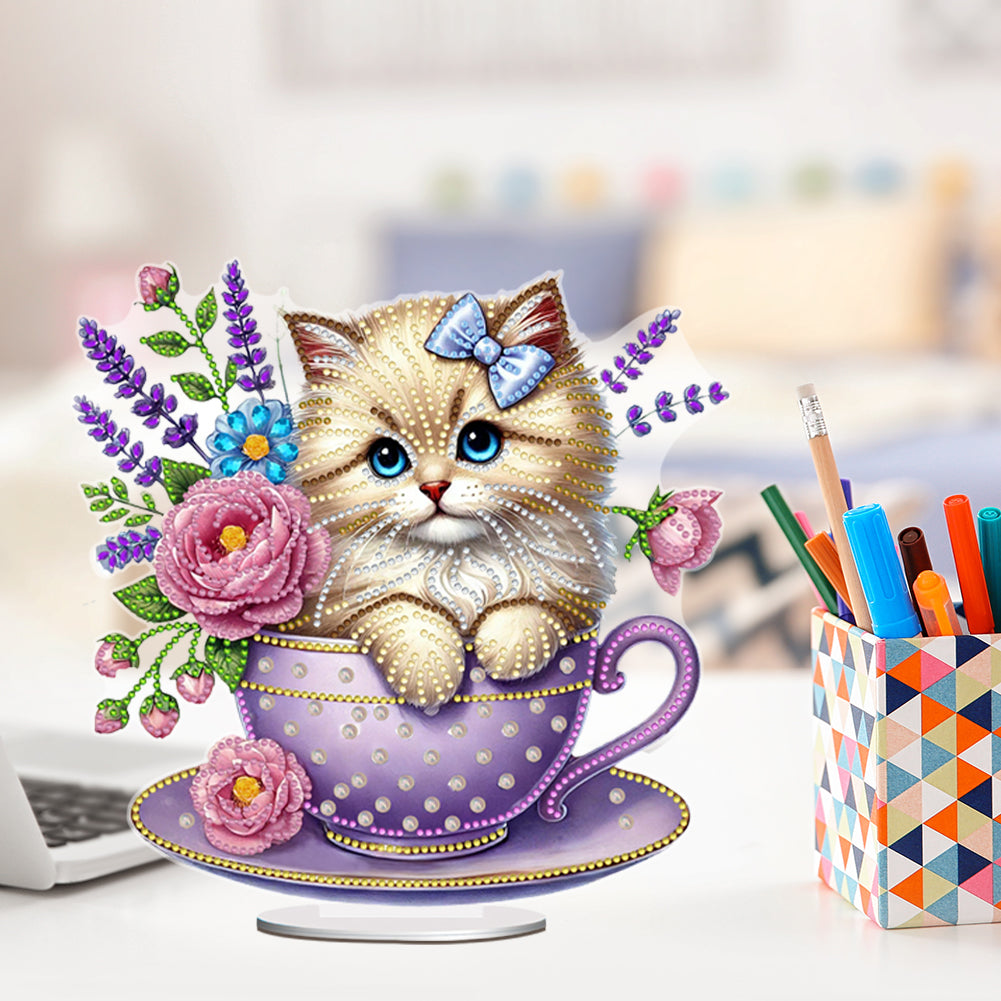 2D Flat Print Teacup Cat DIY Desktop Diamond Art Kits Bedroom Table Decoration