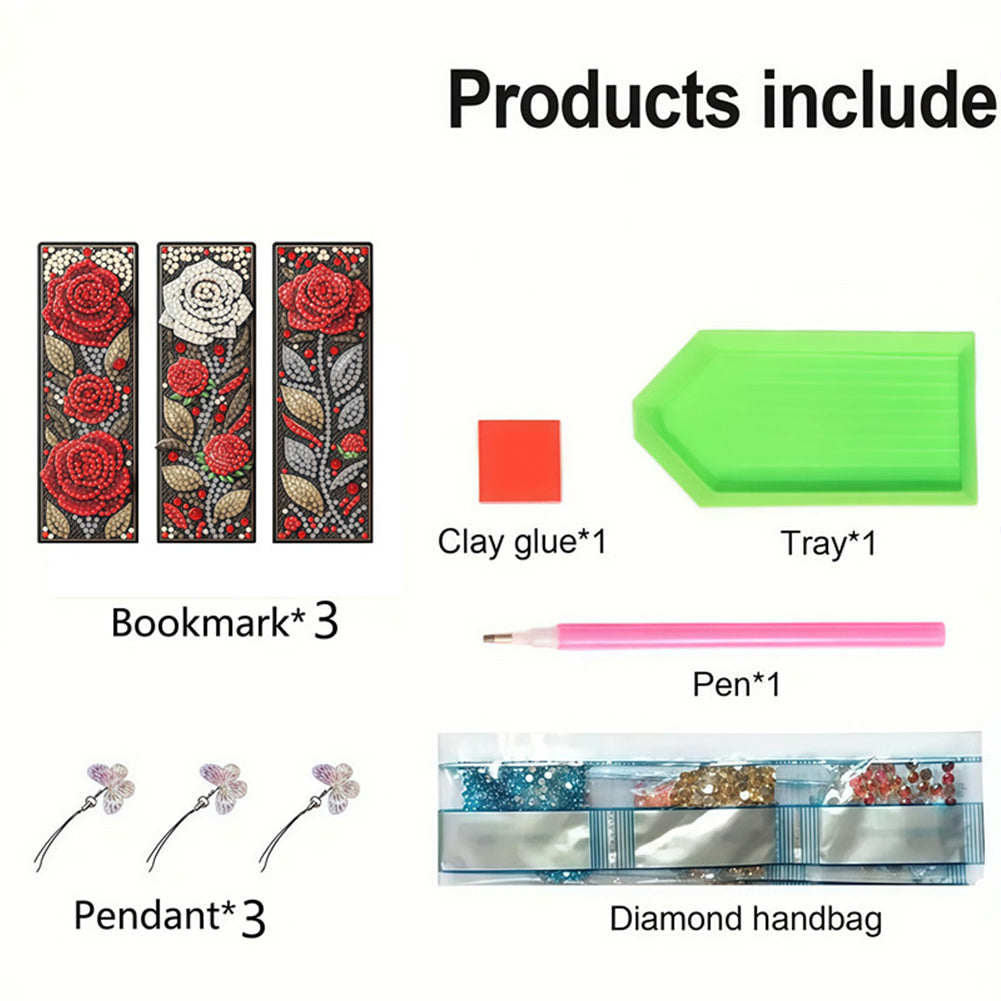 3Pcs Flower Patterns DIY Diamond Painting Art Bookmarks for Reading Enthusiasts