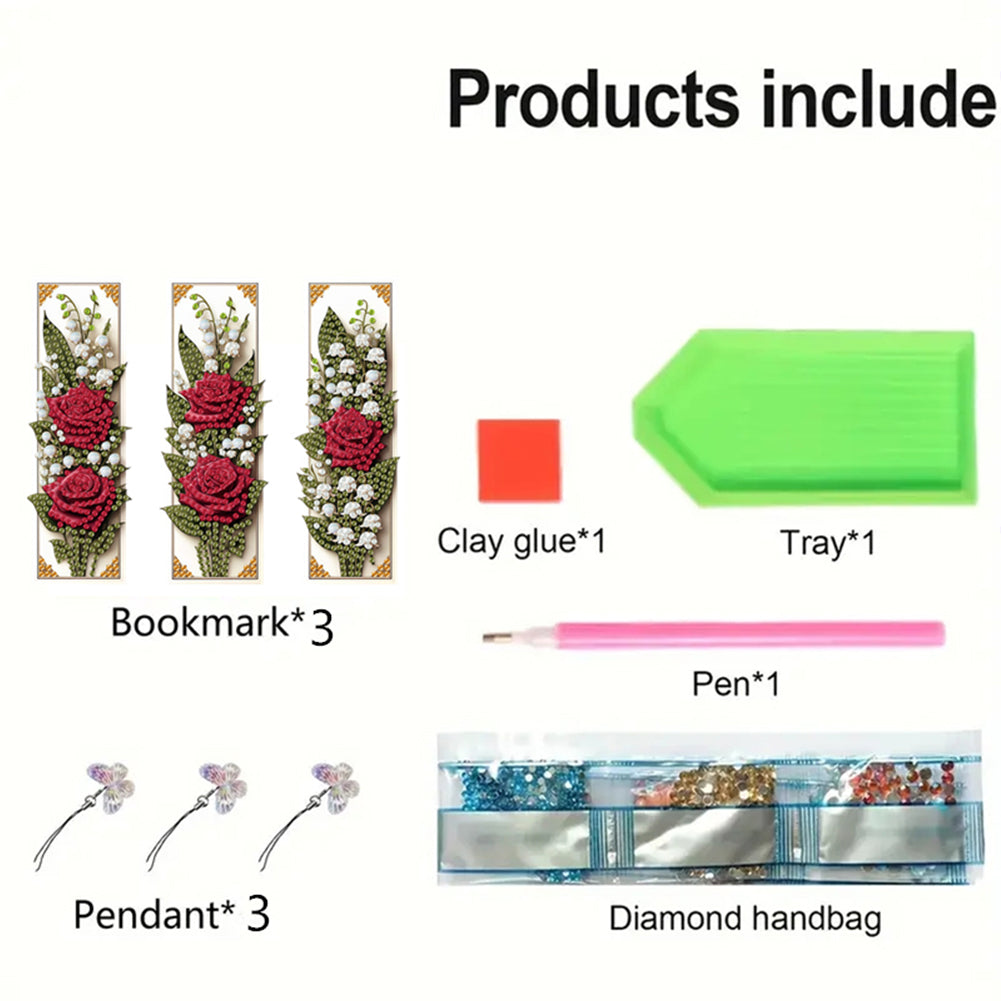 3Pcs Flower Patterns DIY Diamond Painting Art Bookmarks for Reading Enthusiasts