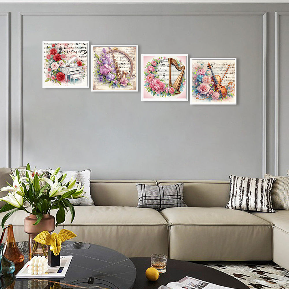 4 Pcs Musical Instruments And Flowers - Special Shaped Drill Diamond Painting 30*30CM