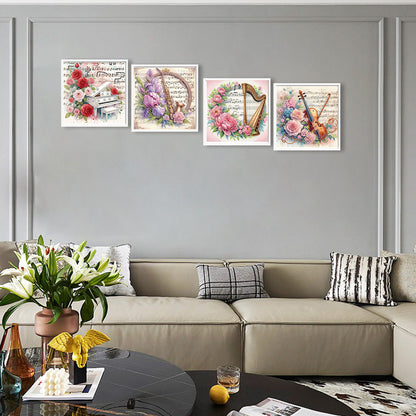 4 Pcs Musical Instruments And Flowers - Special Shaped Drill Diamond Painting 30*30CM