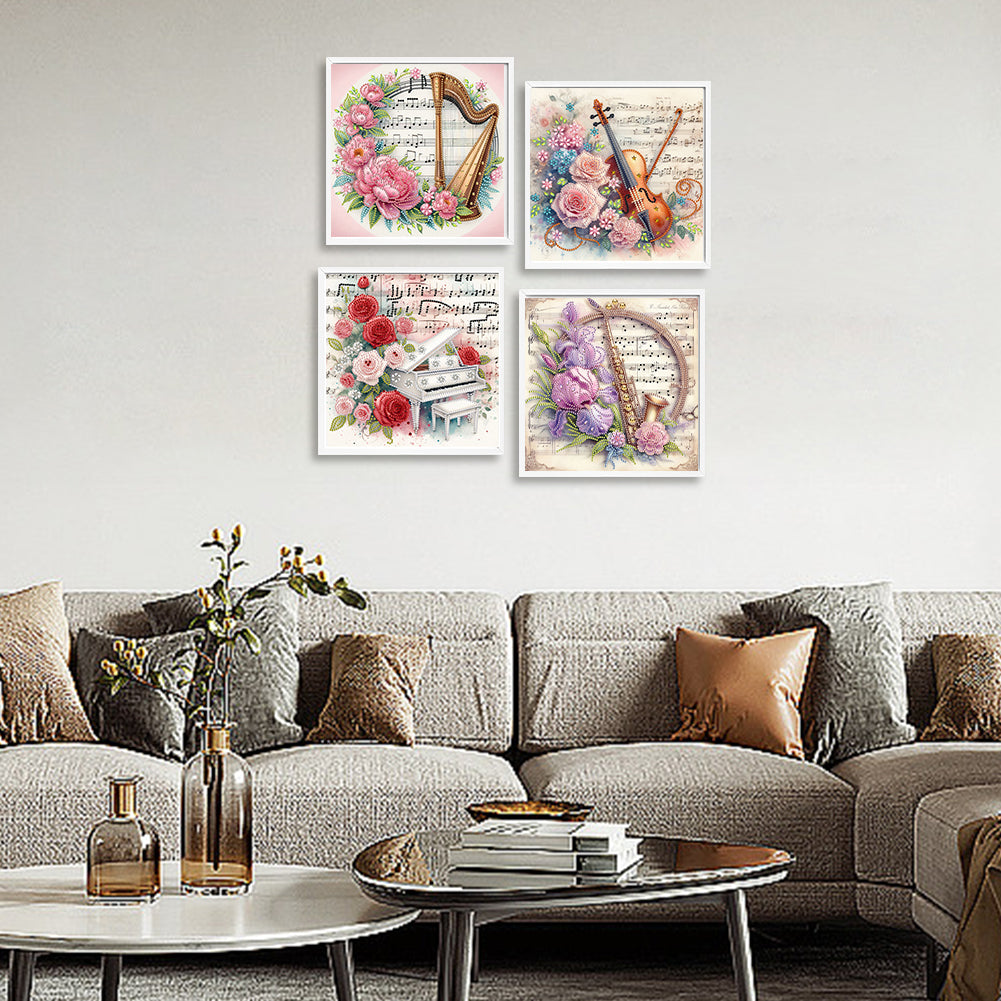 4 Pcs Musical Instruments And Flowers - Special Shaped Drill Diamond Painting 30*30CM