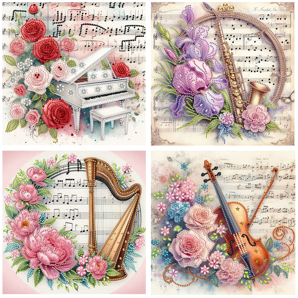 4 Pcs Musical Instruments And Flowers - Special Shaped Drill Diamond Painting 30*30CM