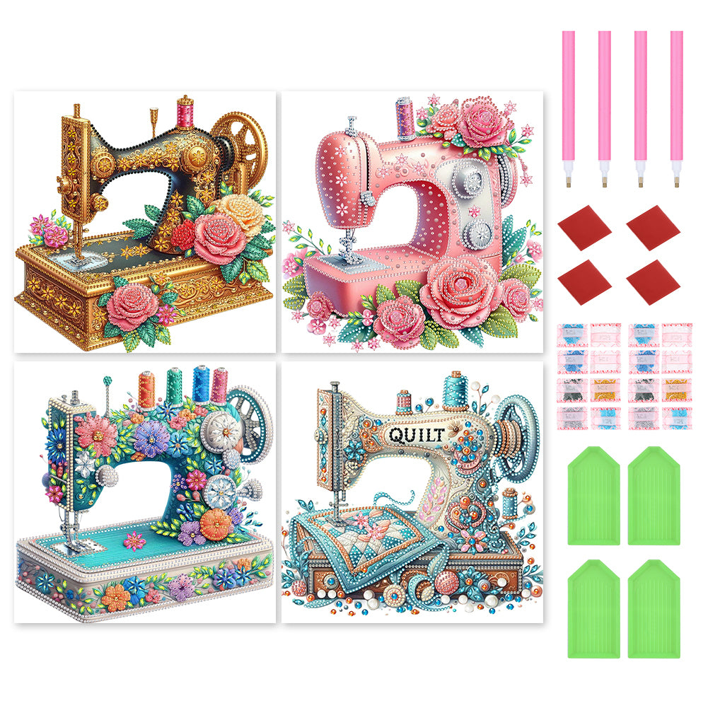 4 Pcs Sewing Machine And Flowers - Special Shaped Drill Diamond Painting 30*30CM