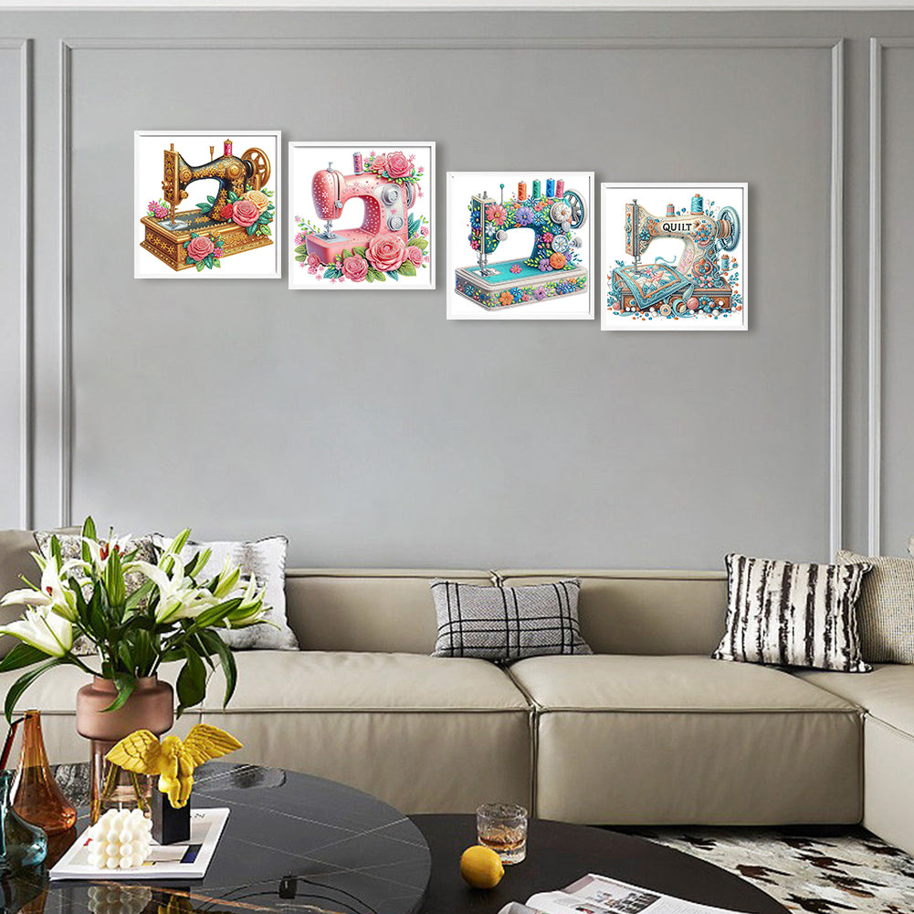 4 Pcs Sewing Machine And Flowers - Special Shaped Drill Diamond Painting 30*30CM