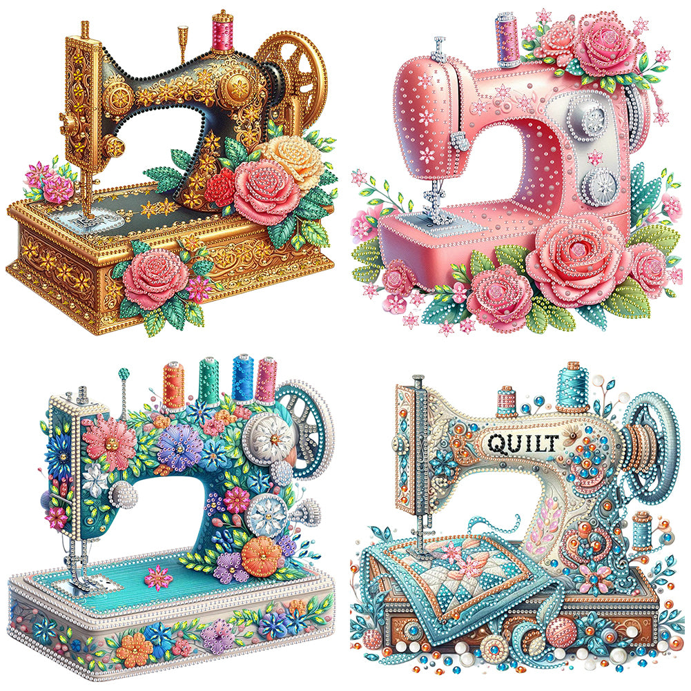 4 Pcs Sewing Machine And Flowers - Special Shaped Drill Diamond Painting 30*30CM