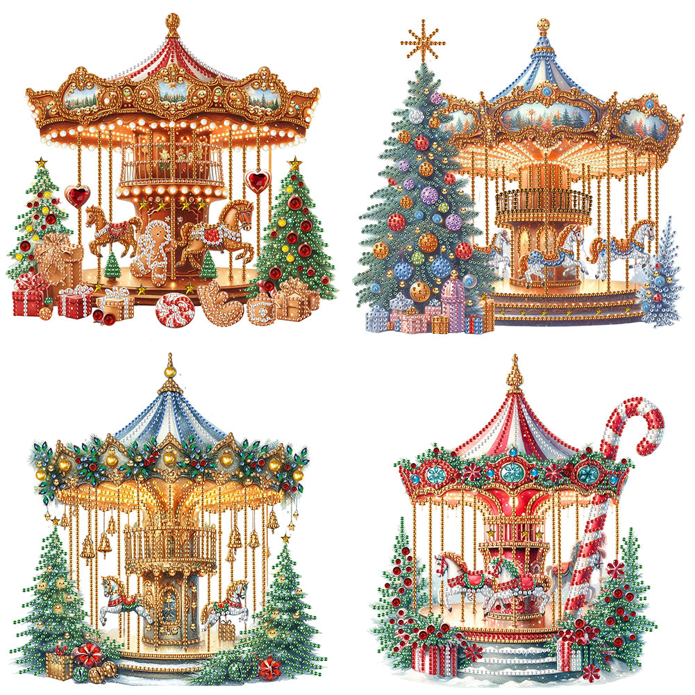 4 Pcs Carousel And Christmas Tree - Special Shaped Drill Diamond Painting 30*30CM