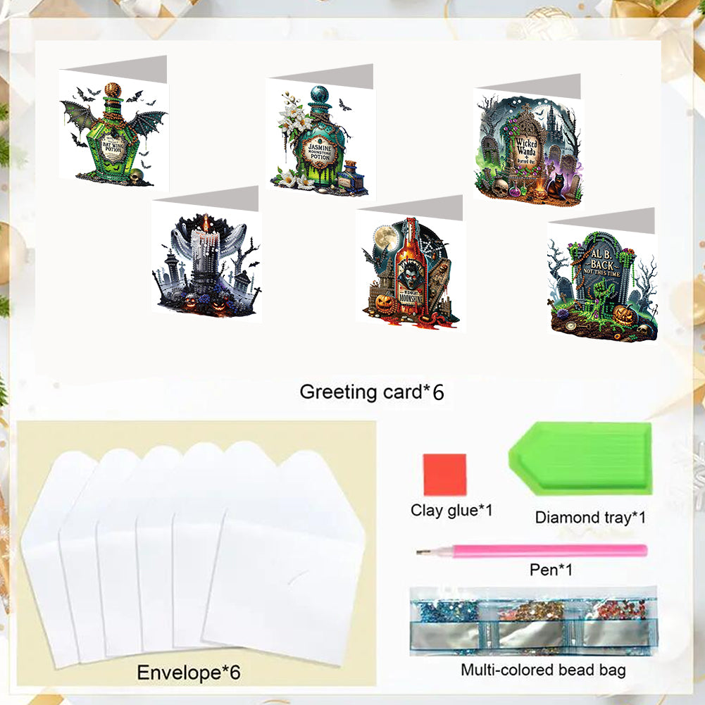 6PCS DIY Diamond Art Greeting Cards Halloween Designs for Halloween and Holidays