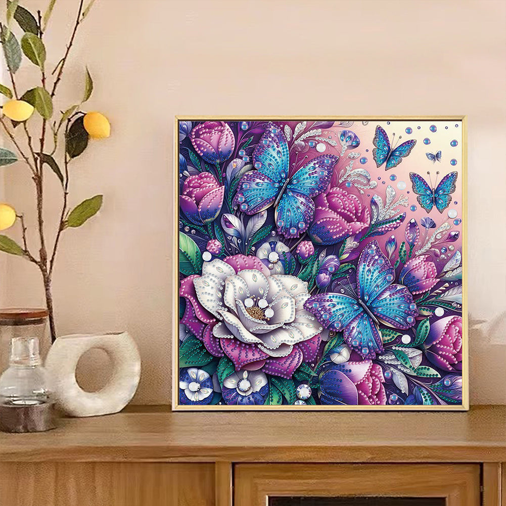 Butterfly And Flowers - Special Shaped Drill Diamond Painting 30*30CM