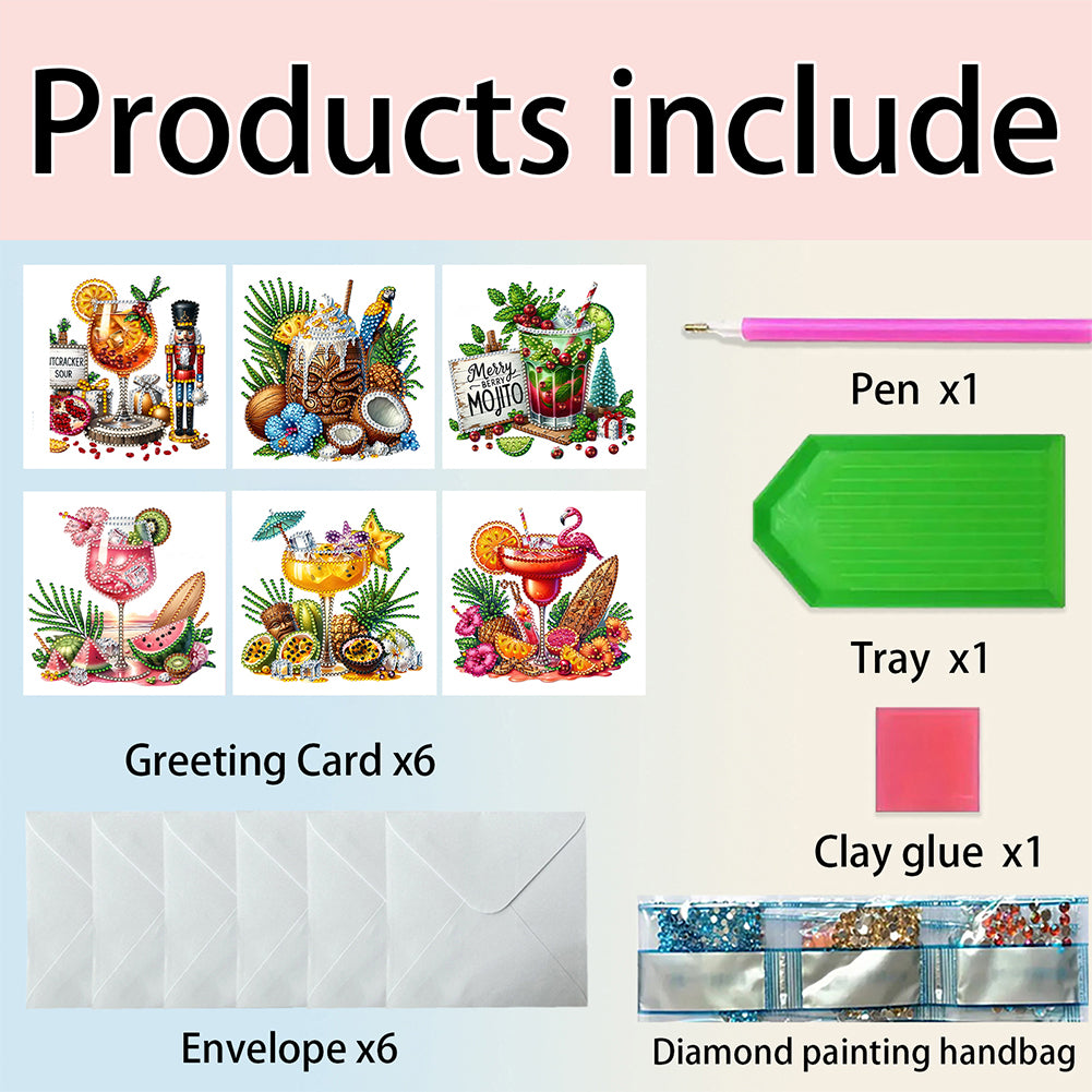 6PCS DIY Diamond Art Greeting Cards Drinks Pattern Congratulations Cards & Gifts